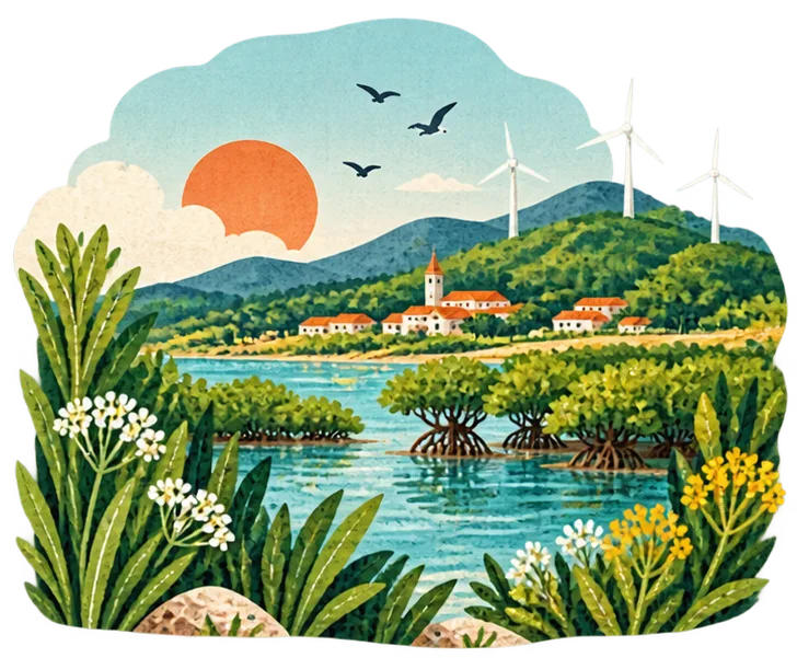 Un village de la lagune, des mangroves et des éoliennes