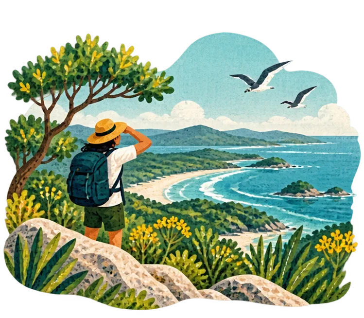 Une randonneuse observe la côte et les oiseaux
