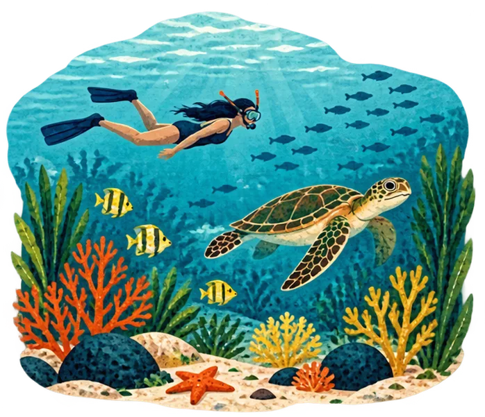 Une plongeuse nage avec une tortue au-dessus d’un récif